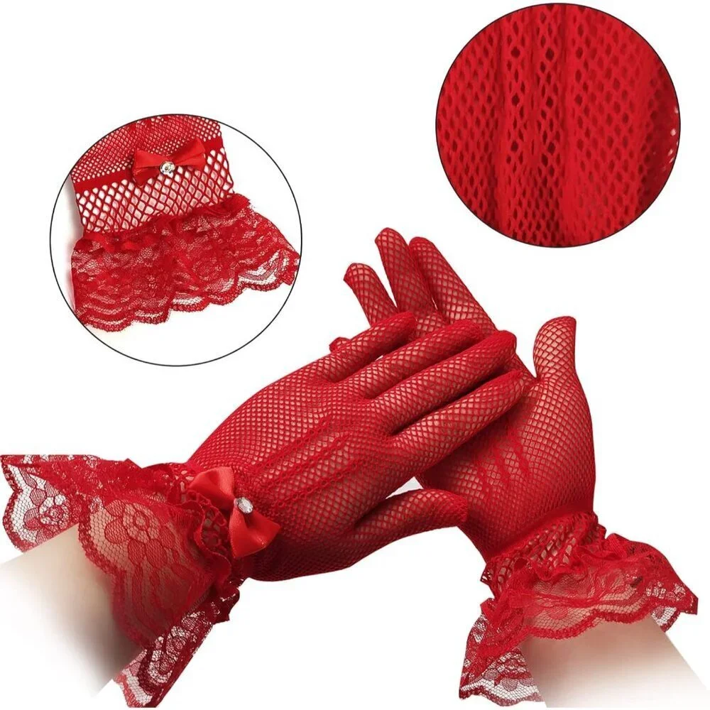 Women's Vintage Tea Party Hat Set Mesh Veil Lace Gloves Pearl Necklace Red